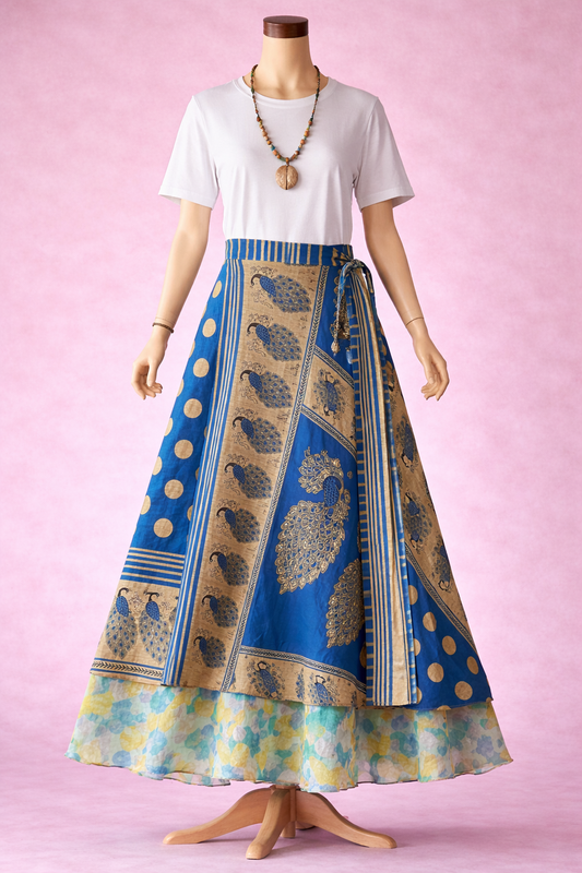 Çift Taraflı Bağlamalı İpek Etek – Mavi Tavuskuşu (Nepal)