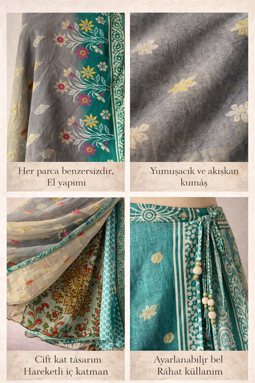 Çift Taraflı Bağlamalı İpek Etek – Soft Yeşil Çiçek Desenli (Nepal)