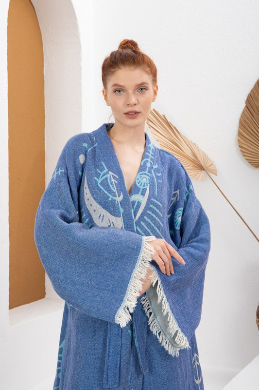 Saks Mavi Yeşili Bohem Kadın Göz Desenli Doğal Kumaş Kimono Bornoz Kaftan