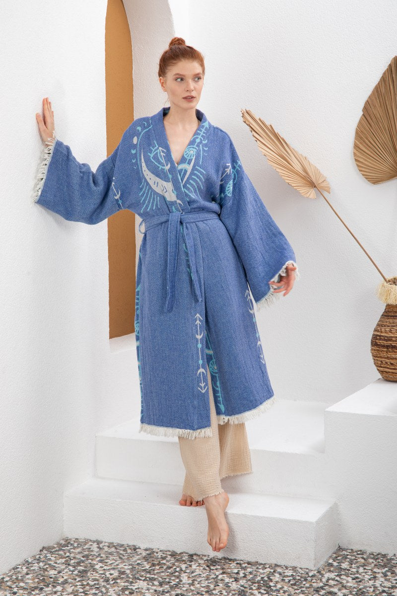 Saks Mavi Yeşili Bohem Kadın Göz Desenli Doğal Kumaş Kimono Bornoz Kaftan