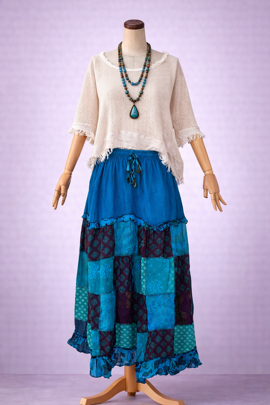 Nepal Patchwork Bohem Etek – %100 Pamuk, Lastikli Bel – Mavi