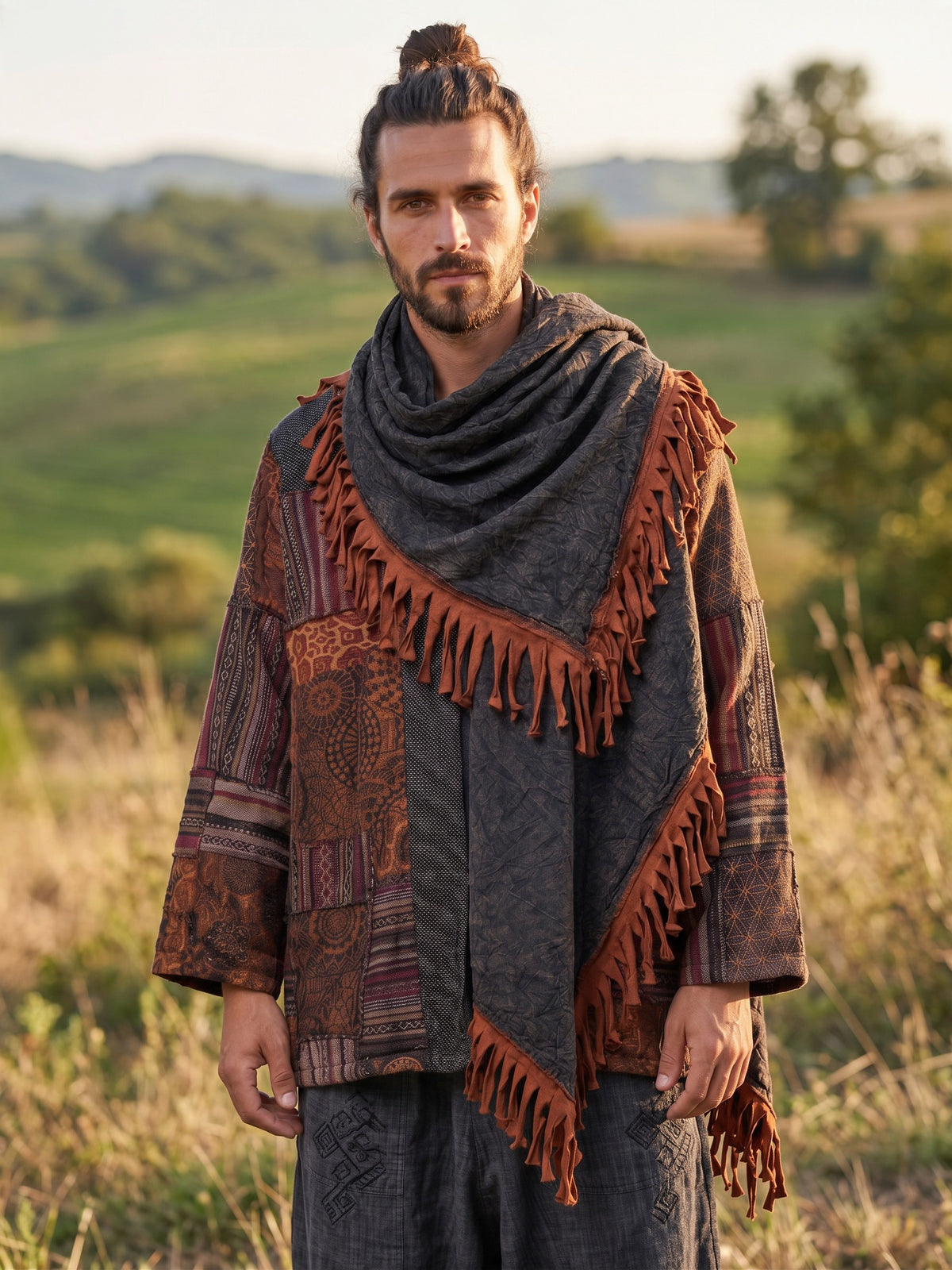 Unisex Nepal Mexican Patchwork Etnik Hırka Panço – Kahve