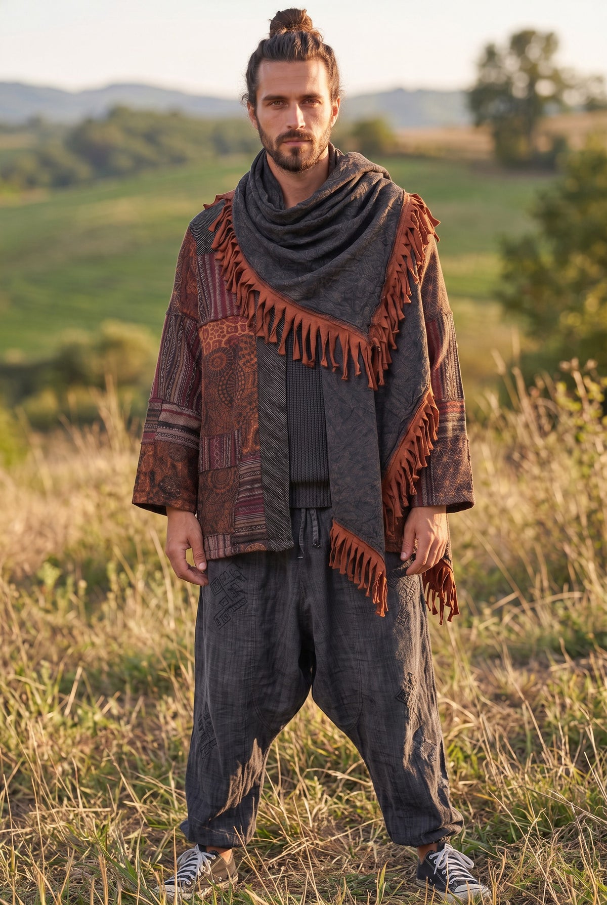 Unisex Nepal Mexican Patchwork Etnik Hırka Panço – Kahve