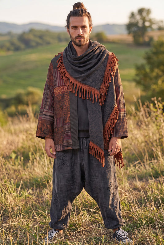 Unisex Nepal Mexican Patchwork Etnik Hırka Panço – Kahve