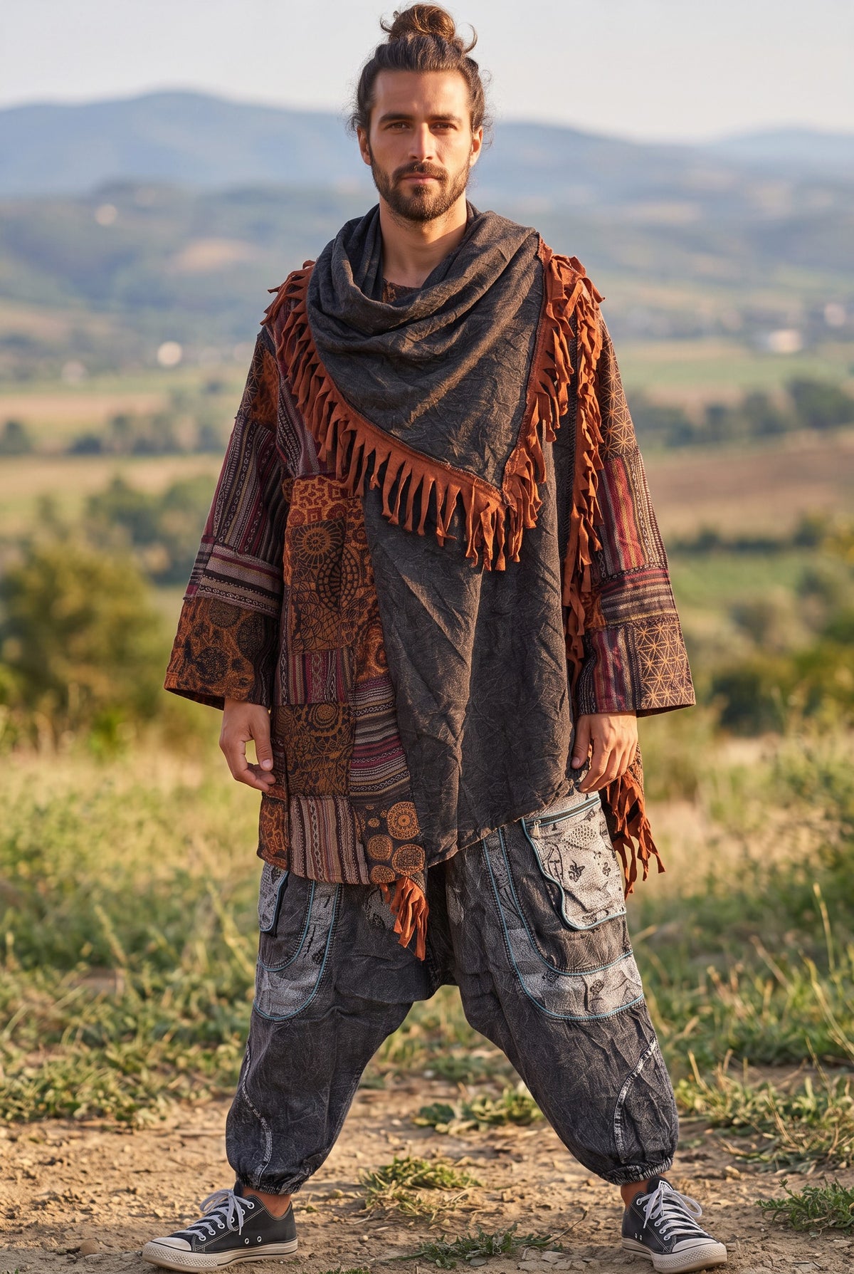Unisex Nepal Mexican Patchwork Etnik Hırka Panço – Kahve