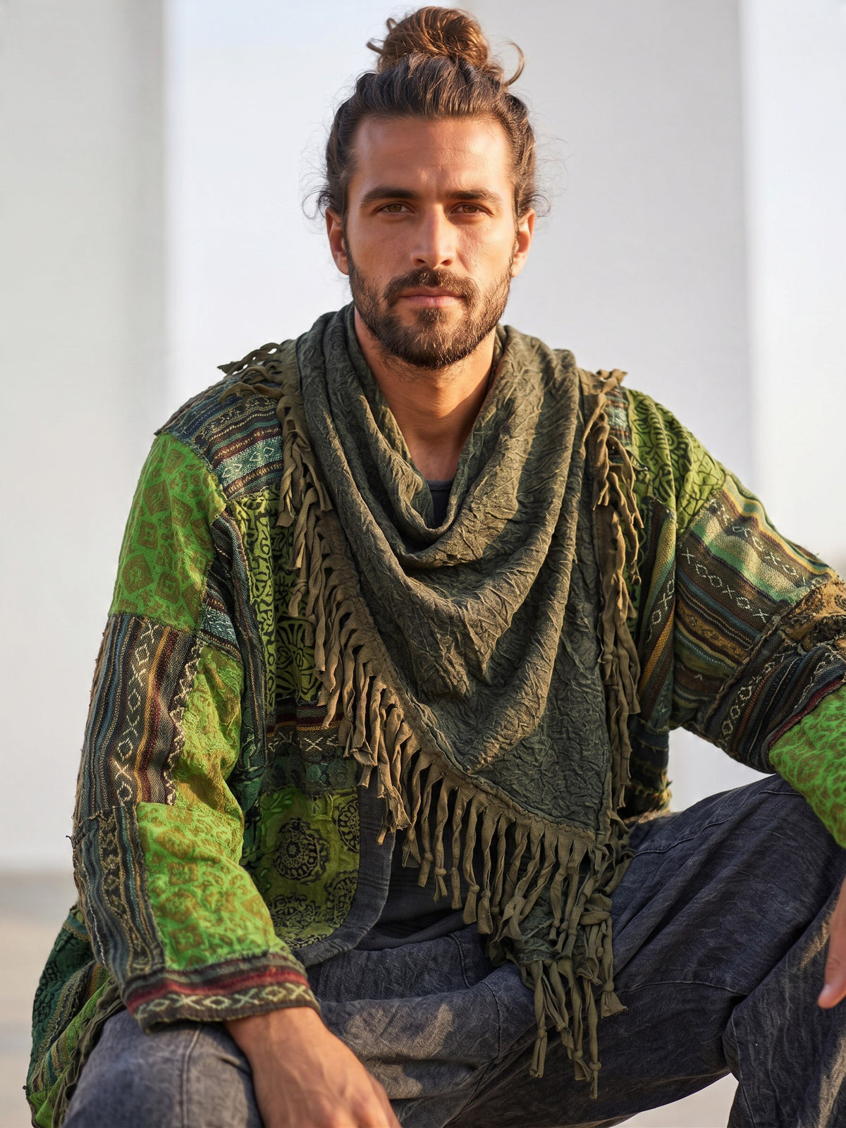 Unisex Nepal Mexican Patchwork Etnik Hırka Panço – Haki Yeşil