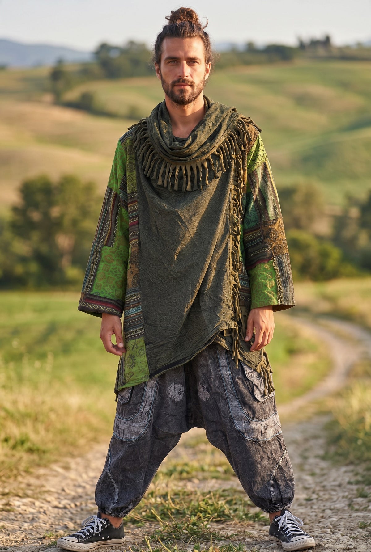 Unisex Nepal Mexican Patchwork Etnik Hırka Panço – Haki Yeşil