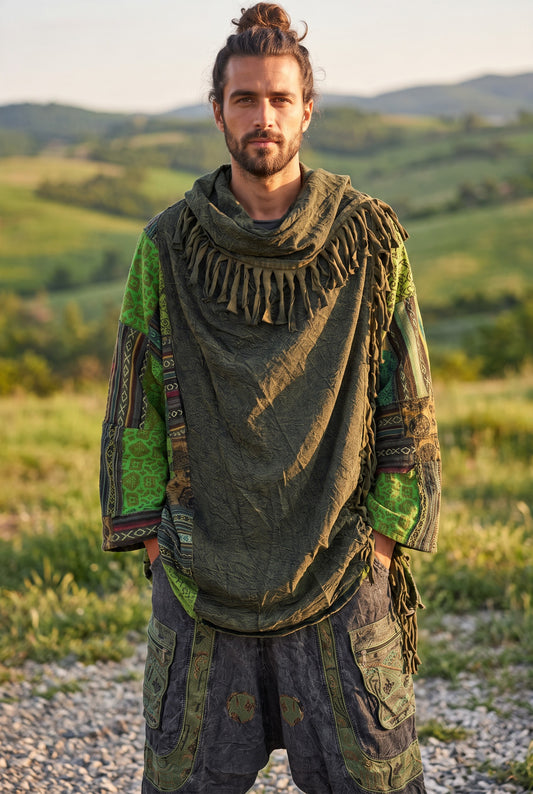 Unisex Nepal Mexican Patchwork Etnik Hırka Panço – Haki Yeşil