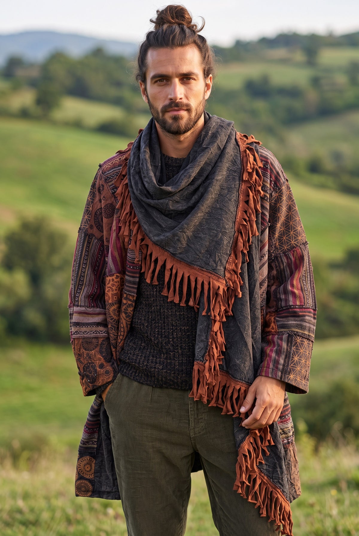Unisex Nepal Mexican Patchwork Etnik Hırka Panço – Kahve