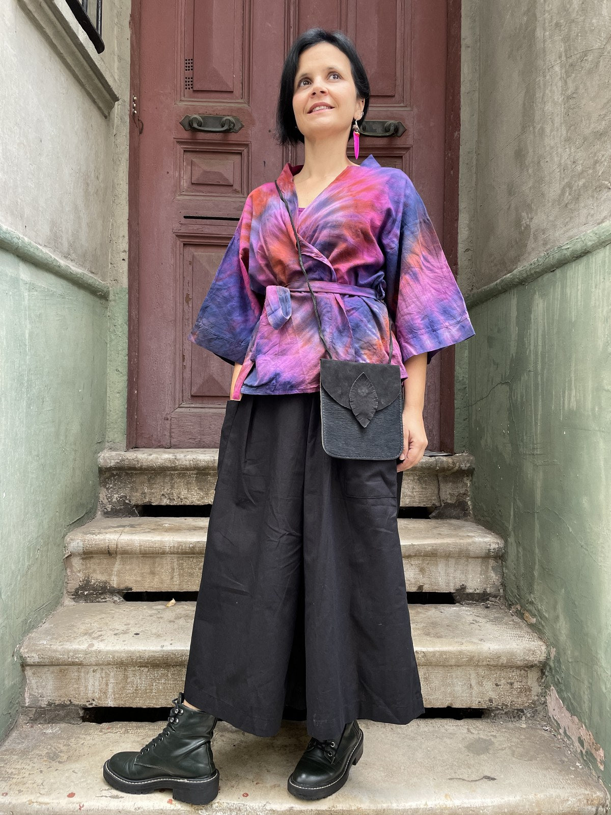 Unisex Bohem Mor Pembe Batik Kimono