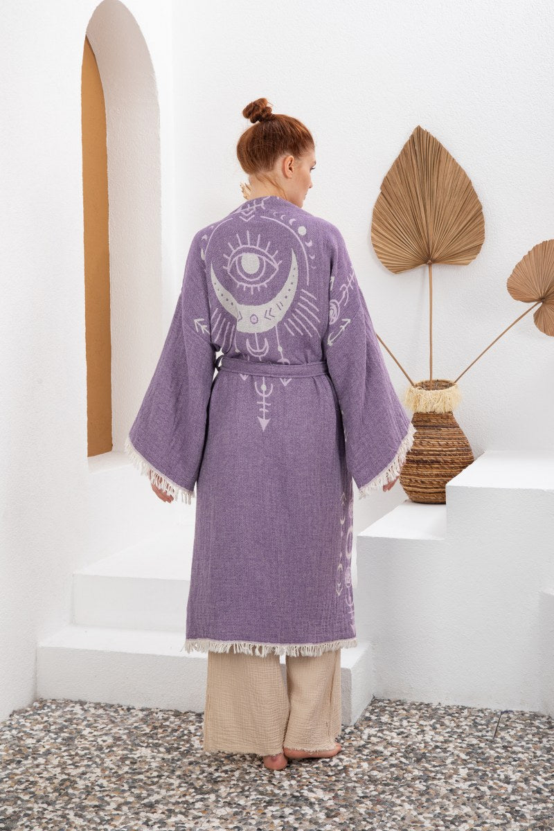 Mor Bohem Kadın Göz Desenli Doğal Kumaş Kimono Bornoz Kaftan