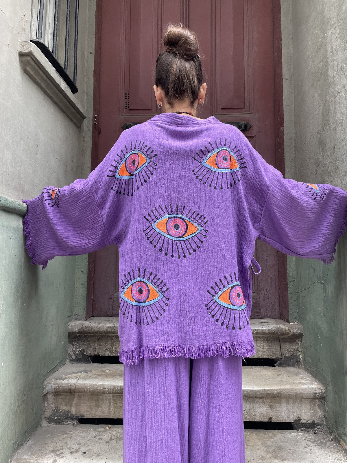 Mor Göz Desenli Bohem Kadın Yoga Doğal Kumaş Kimono Takım Yoga Takımı