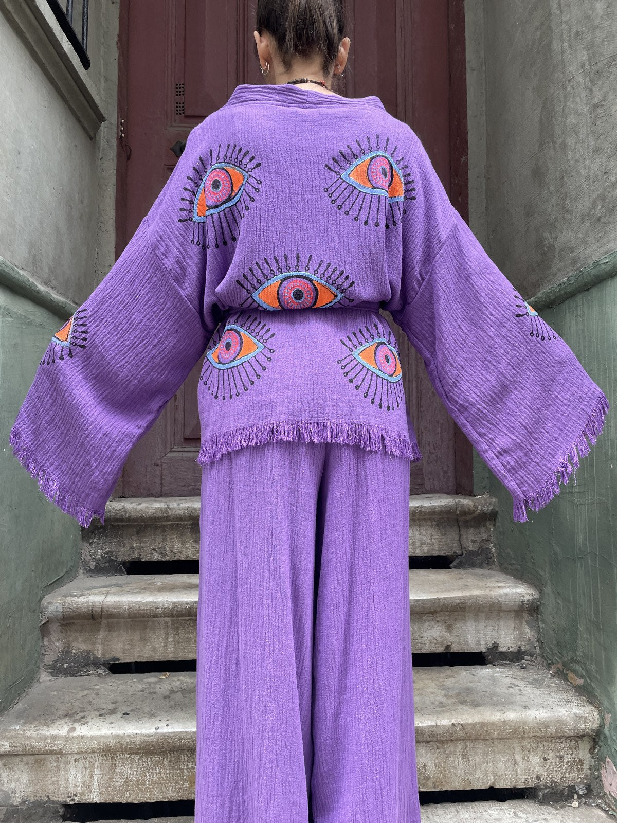 Mor Göz Desenli Bohem Kadın Yoga Doğal Kumaş Kimono Takım Yoga Takımı