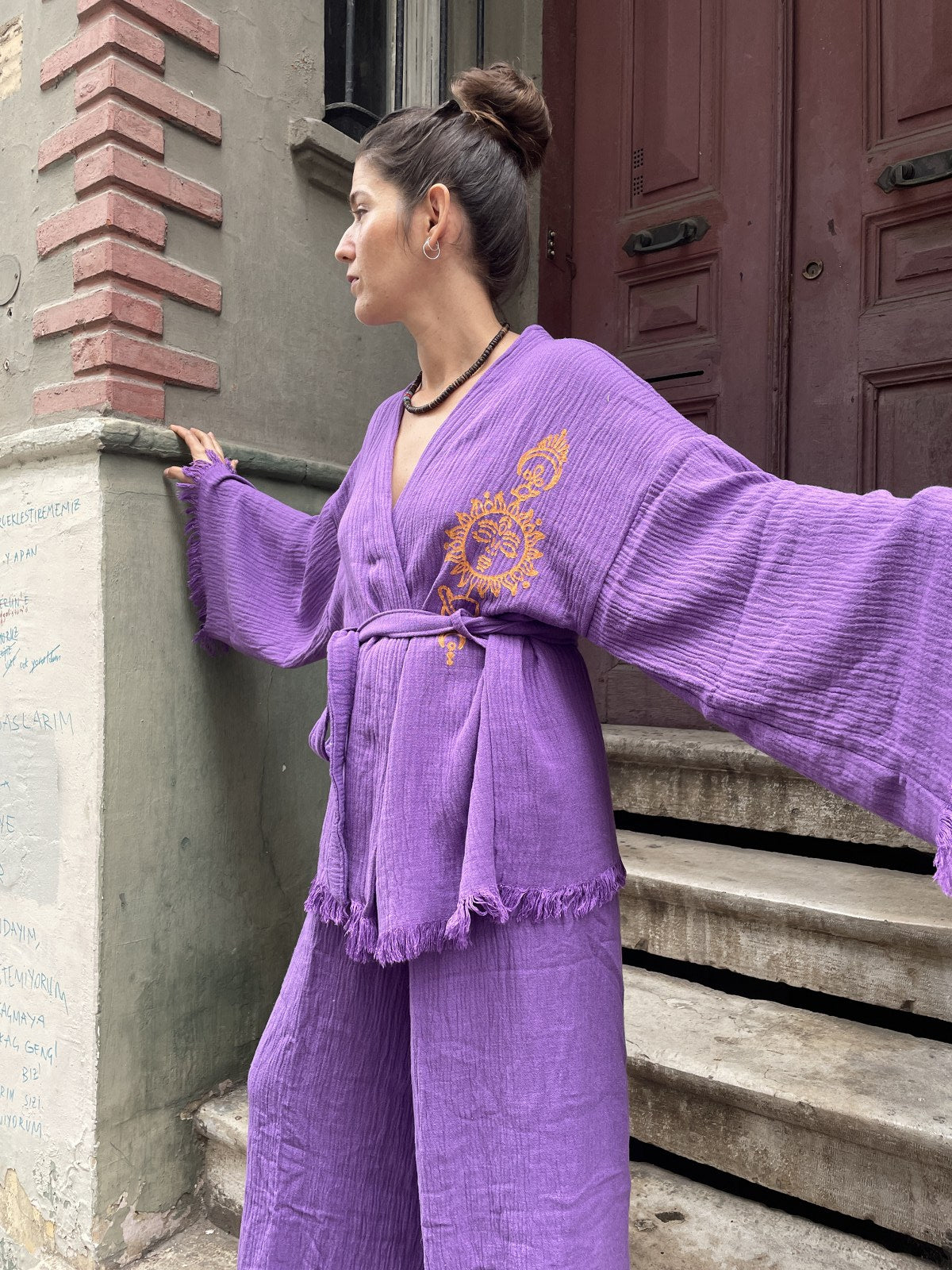 Mor Turuncu Bohem Kadın Yoga Doğal Kumaş Kimono Takım Yoga Takımı