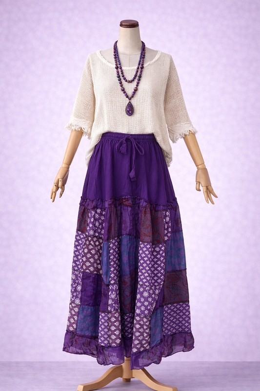 Nepal Patchwork Bohem Etek – %100 Pamuk, Lastikli Bel – Mor