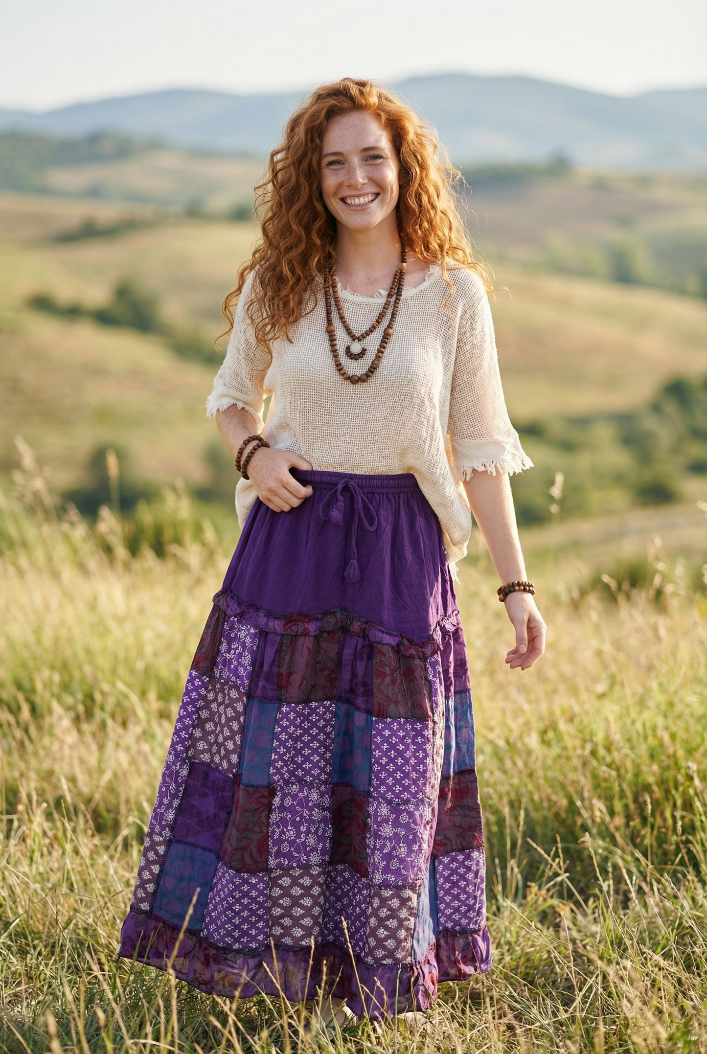 Nepal Patchwork Bohem Etek – %100 Pamuk, Lastikli Bel – Mor