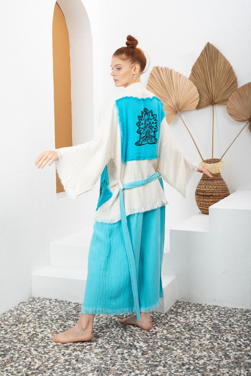 Krem Mavi Bohem Kadın Yoga Doğal Kumaş Kimono Bornoz Kaftan