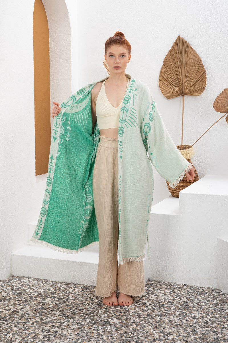 Soft Su Yeşili Bohem Kadın Göz Desenli Doğal Kumaş Kimono Bornoz Kaftan