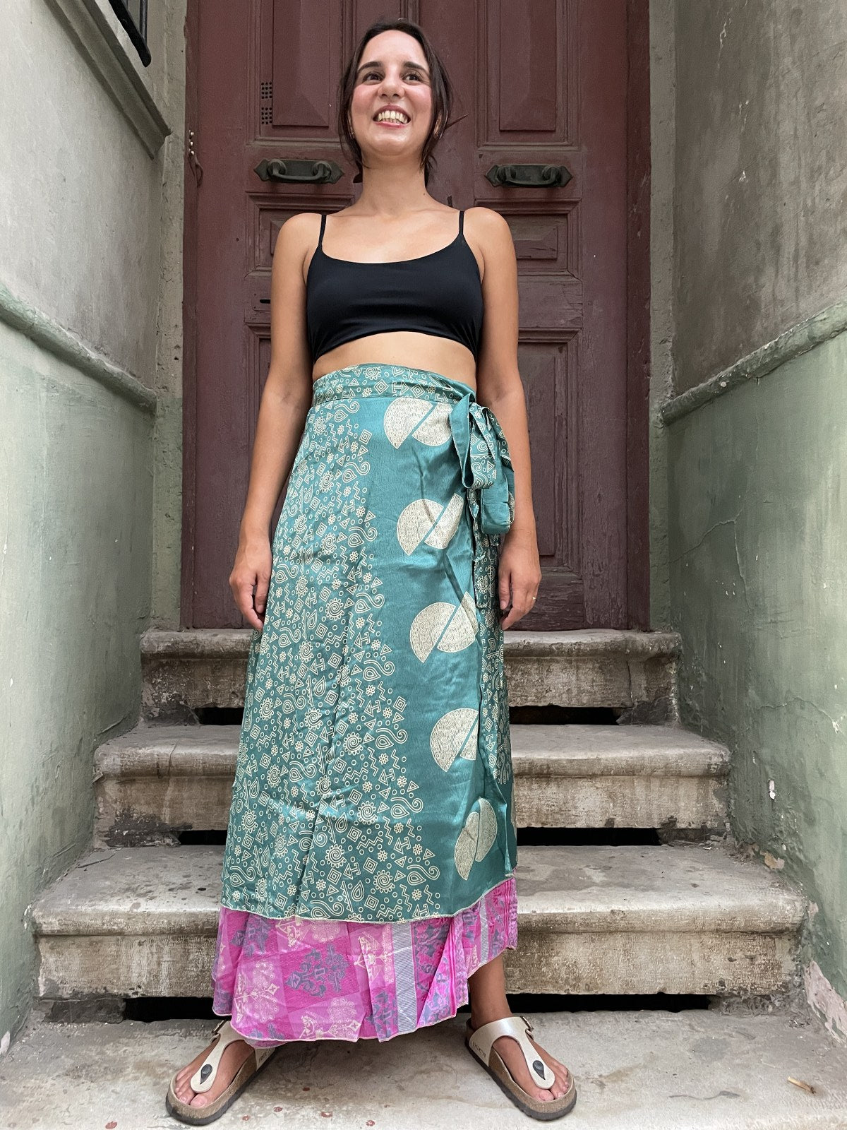Nepal Çift Taraflı İpek Etek – Yeşil Pembe