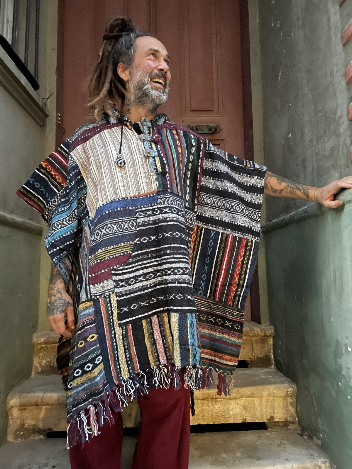 Unisex El Yapımı Bej Patchwork Nepal Gheri Panço - Bohem ve Etnik Tarzda Tek ve Özel