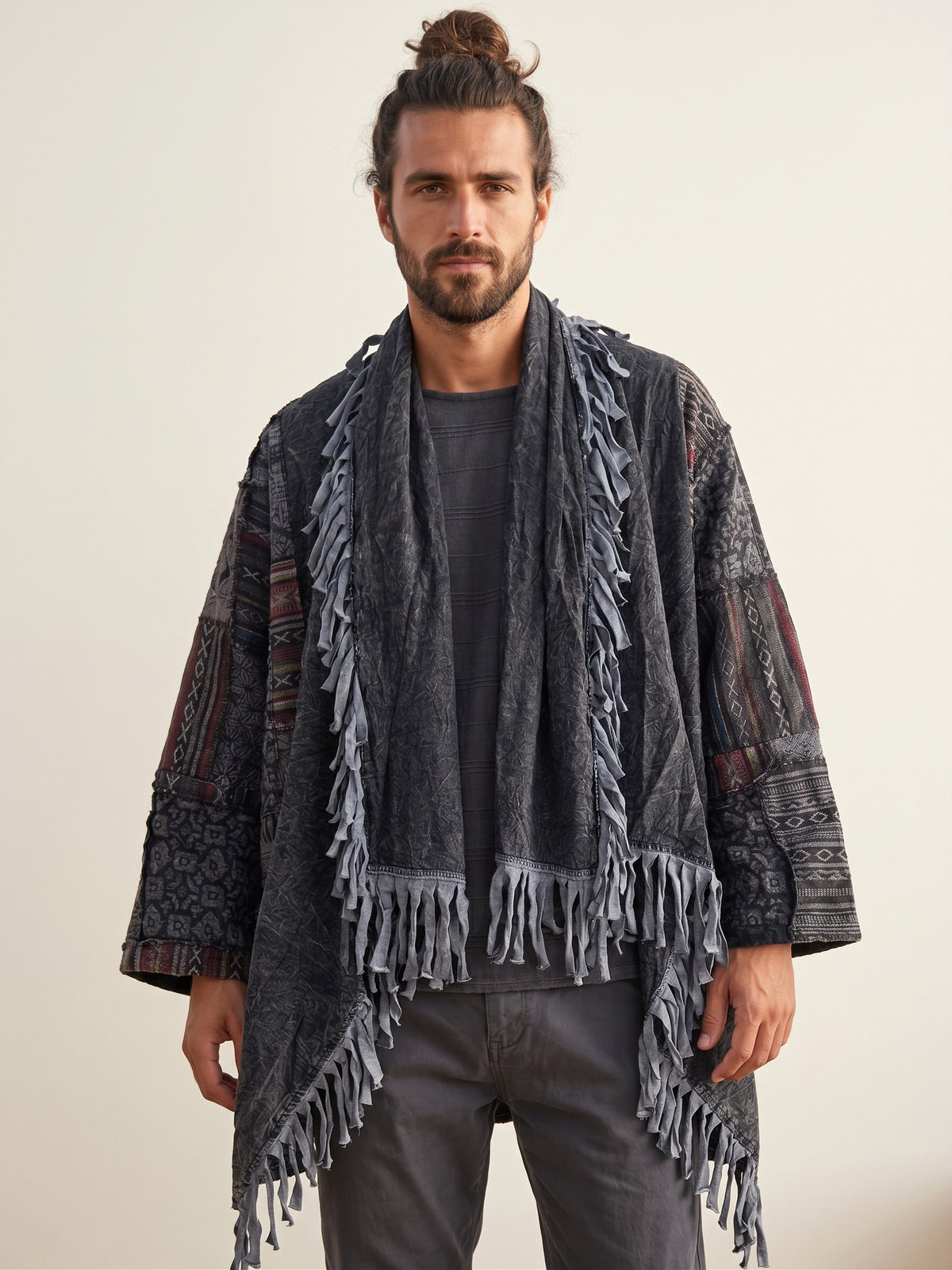 Unisex Nepal Mexican Patchwork Etnik Hırka Panço – Antrasit