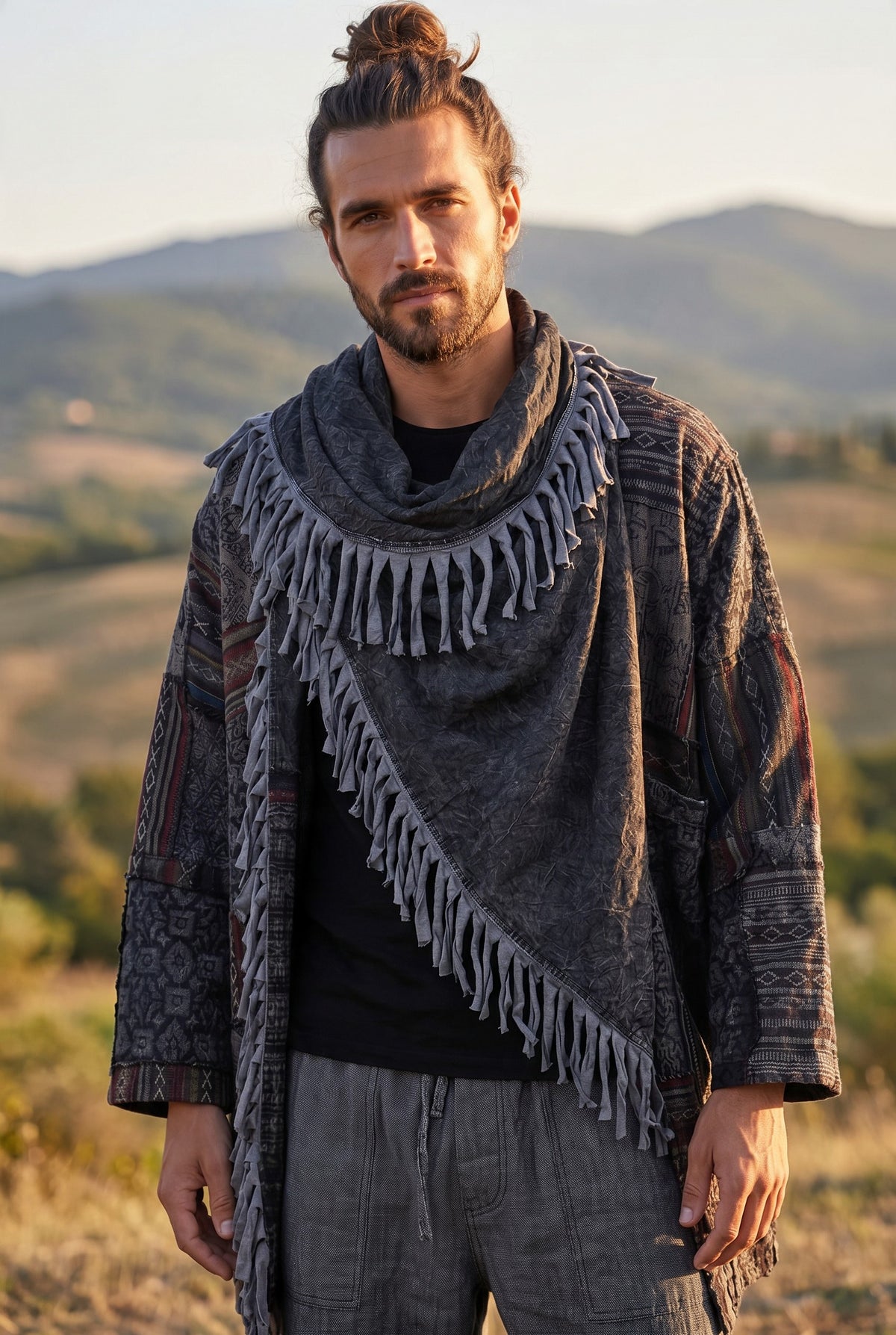 Unisex Nepal Mexican Patchwork Etnik Hırka Panço – Antrasit