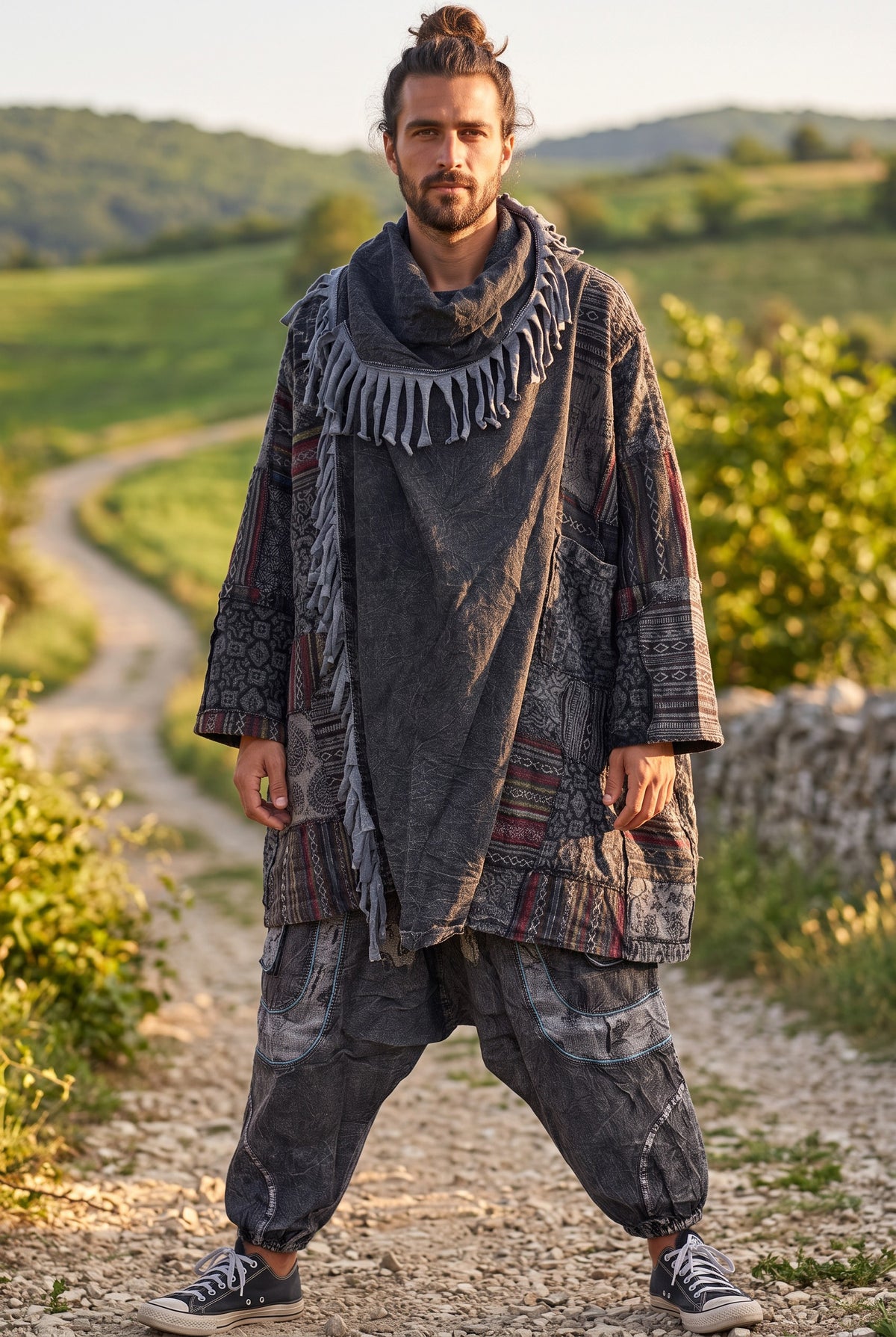 Unisex Nepal Mexican Patchwork Etnik Hırka Panço – Antrasit