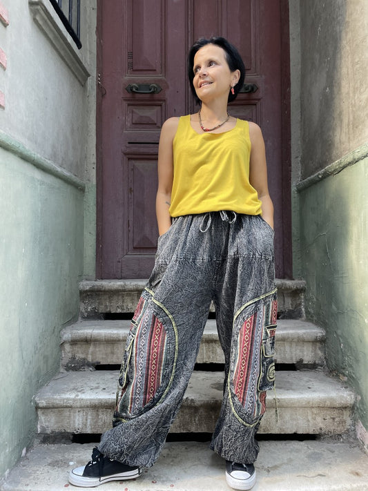 Unisex Nepal Taşlanmış Kadın Pantolon – Cepli, Rahat ve Bohem Tarz