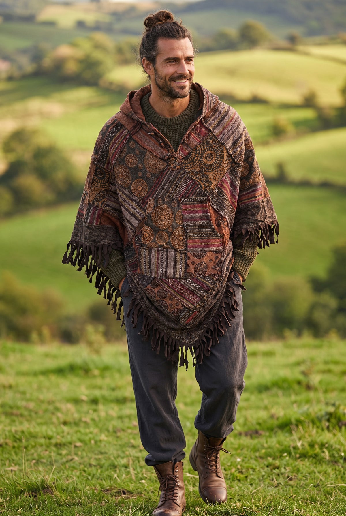 Azmara Nepal Patchwork Kapüşonlu Panço – Kahverengi Etnik Bohem Unisex Tasarım