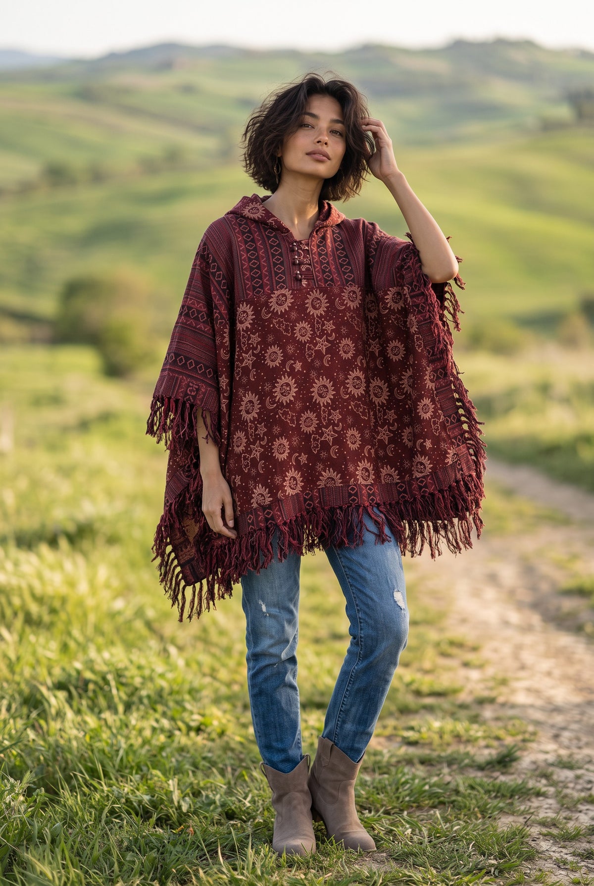 Unisex Nepal Güneş & Ay Desenli Kadın Kapüşonlu Panço – Kahve Bordo