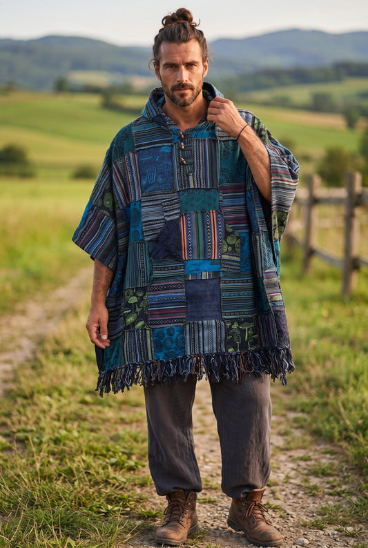Nayora Nepal Patchwork Kapüşonlu Panço – Mavi Etnik Bohem Unisex Tasarım