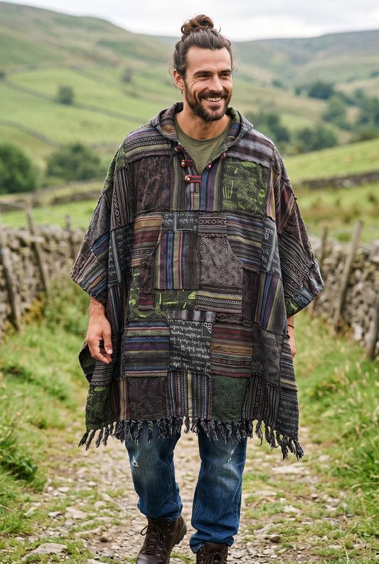 Samori Nepal Patchwork Kapüşonlu Panço – Antrasit Etnik Bohem Unisex Tasarım