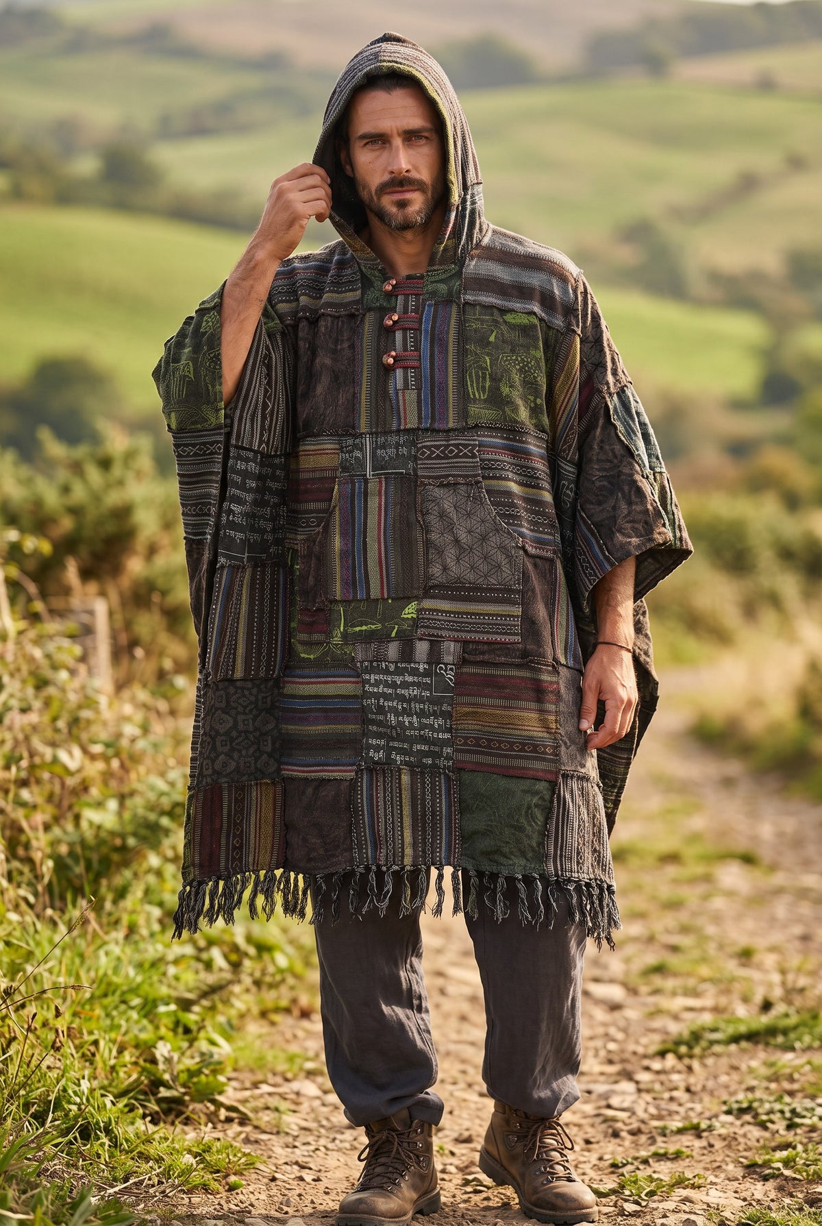 Samori Nepal Patchwork Kapüşonlu Panço – Antrasit Etnik Bohem Unisex Tasarım
