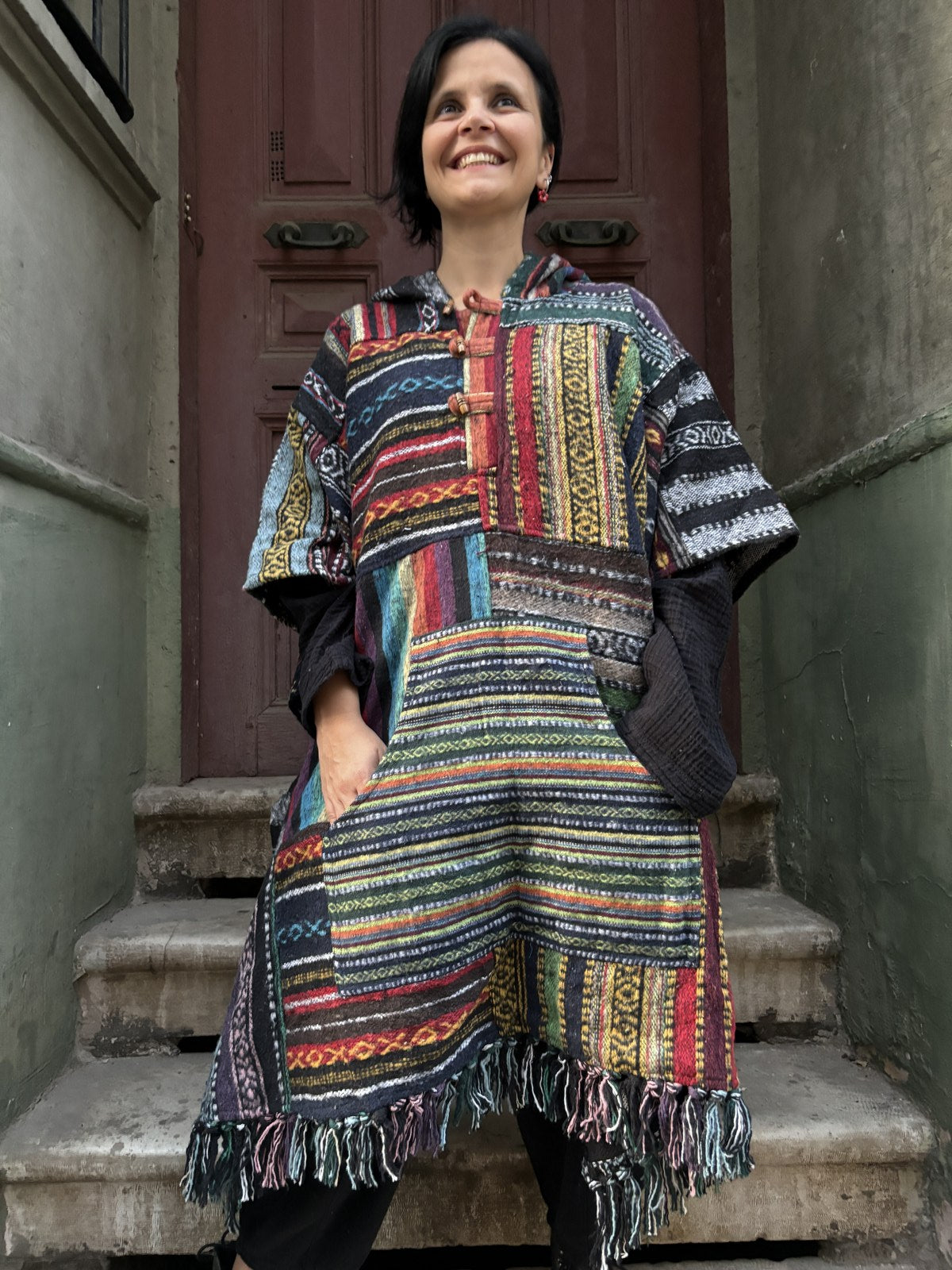 Unisex Nepal Gheri Geo Print Poncho