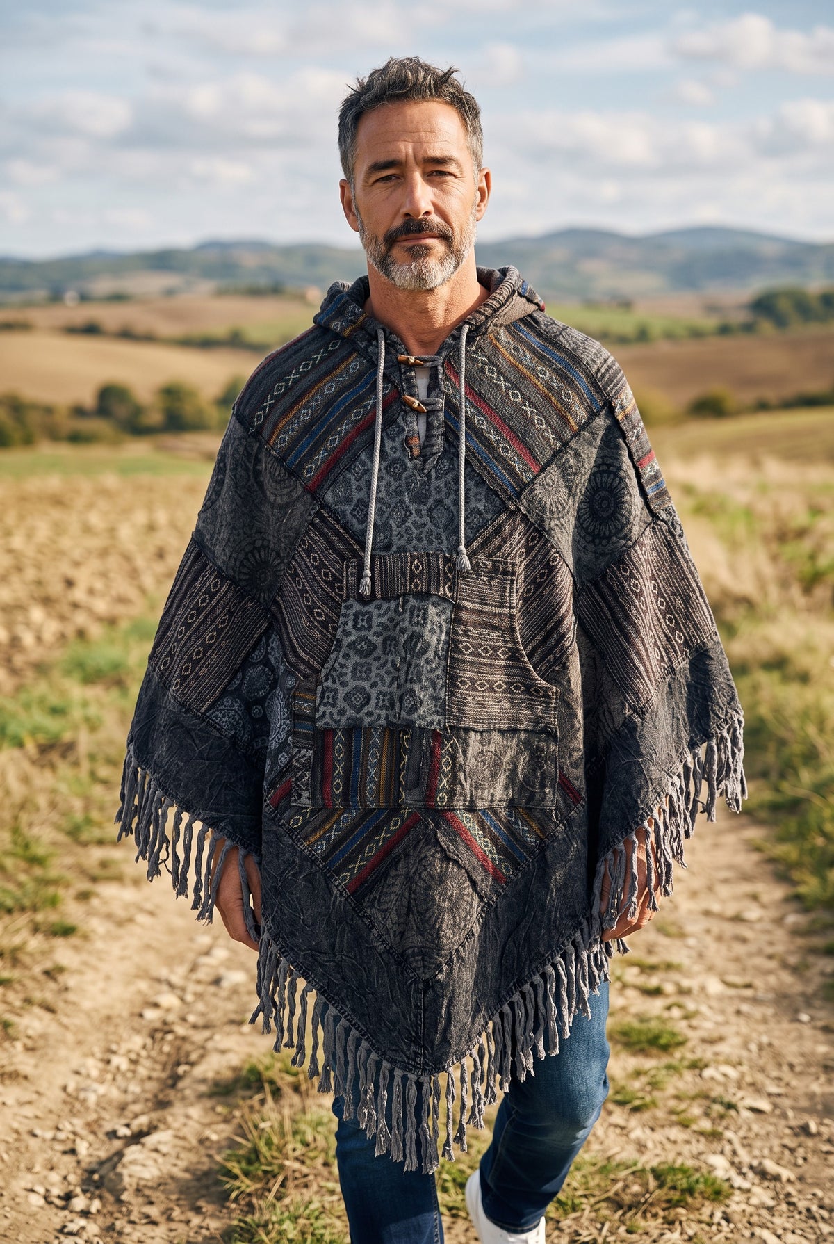 Unisex Himalaya Nepal Patchwork Panço – Kapüşonlu Unisex Bohem Panço