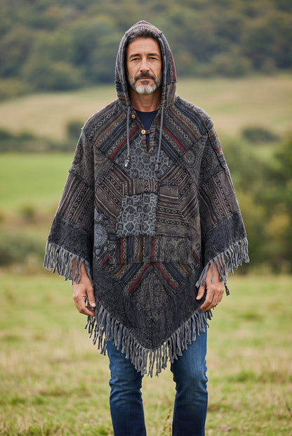 Unisex Himalaya Nepal Patchwork Panço – Kapüşonlu Unisex Bohem Panço