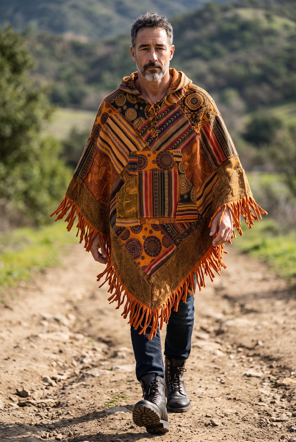 Unisex Himalaya Nepal Patchwork Panço – Kapüşonlu Unisex Bohem Panço