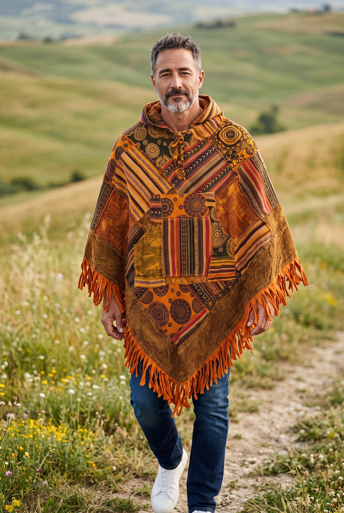 Unisex Himalaya Nepal Patchwork Panço – Kapüşonlu Unisex Bohem Panço