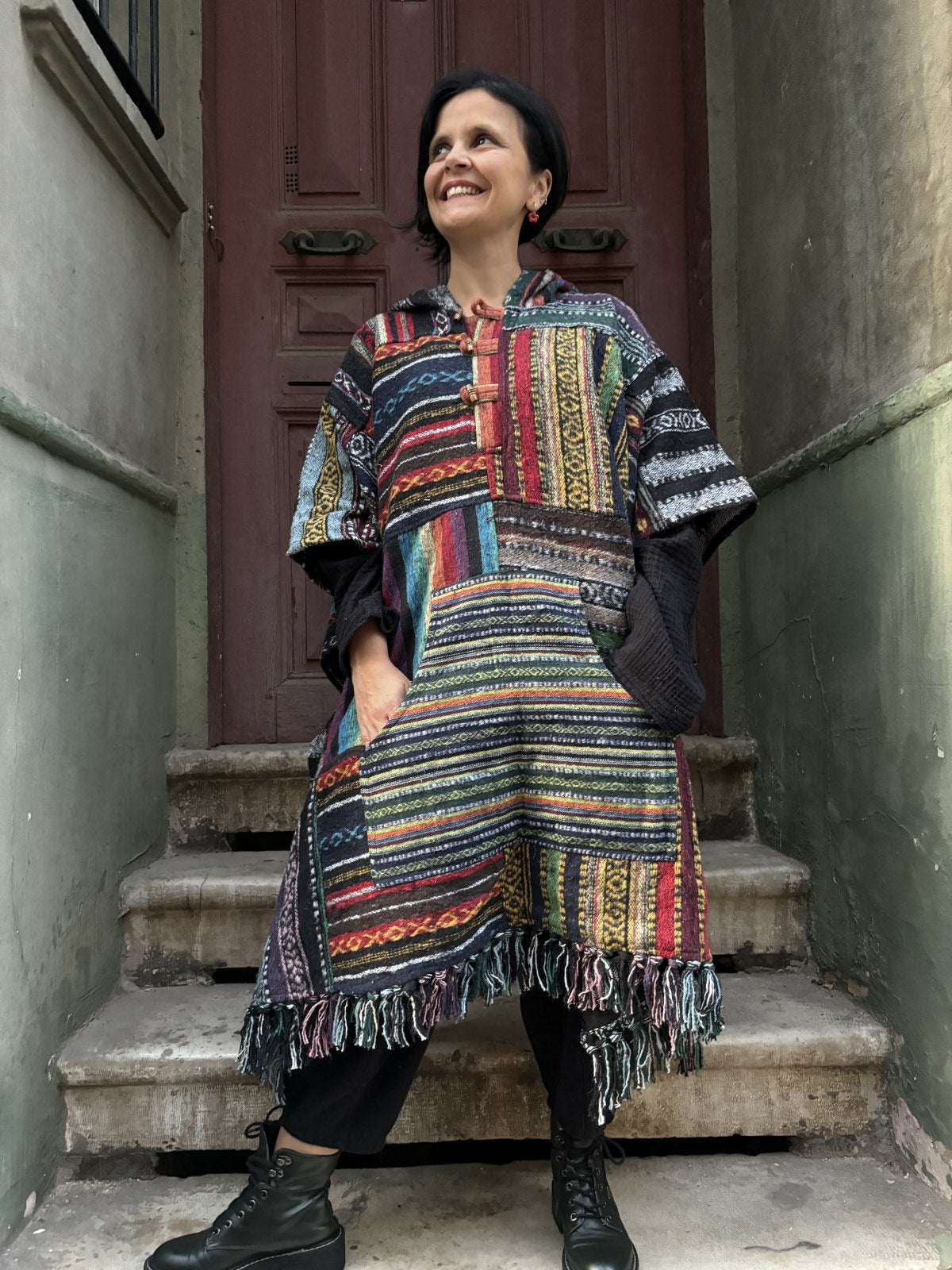 Unisex Nepal Gheri Geo Print Poncho