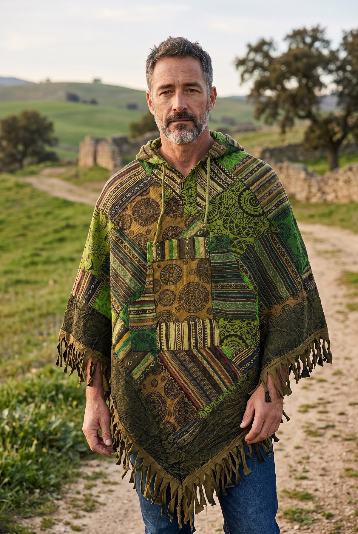 Unisex Himalaya Nepal Patchwork Panço – Kapüşonlu Unisex Bohem Panço