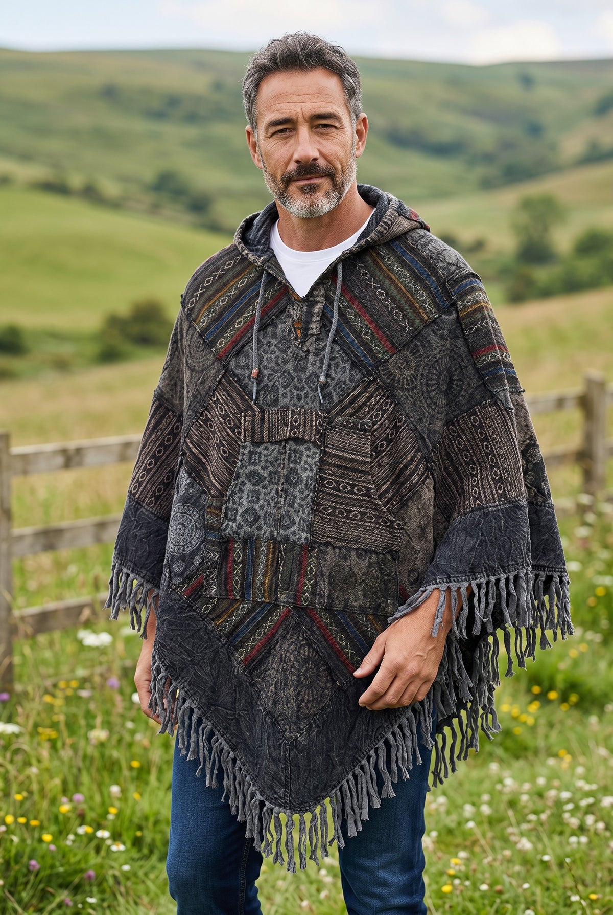 Unisex Himalaya Nepal Patchwork Panço – Kapüşonlu Unisex Bohem Panço
