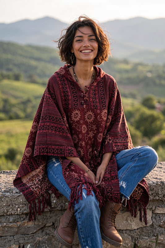 Unisex Nepal Güneş & Ay Desenli Kadın Kapüşonlu Panço – Kahve Bordo