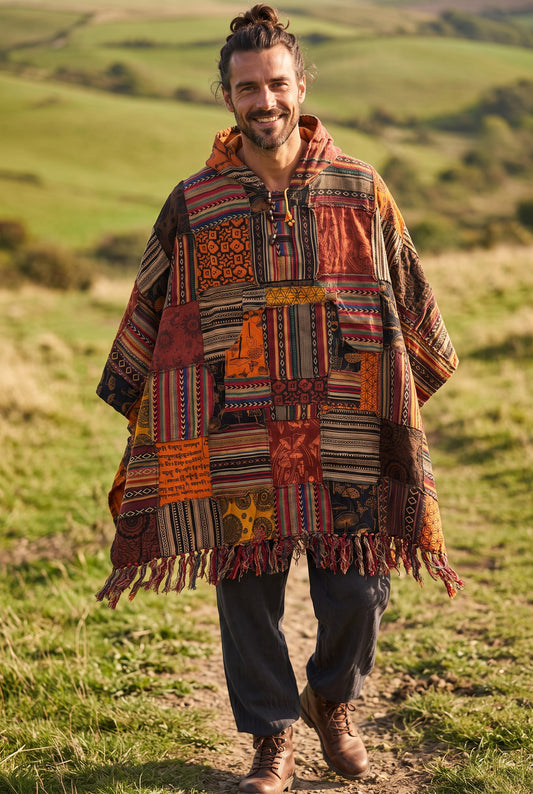 Solterra Nepal Patchwork Kapüşonlu Panço – Turuncu Etnik Bohem Unisex Tasarım