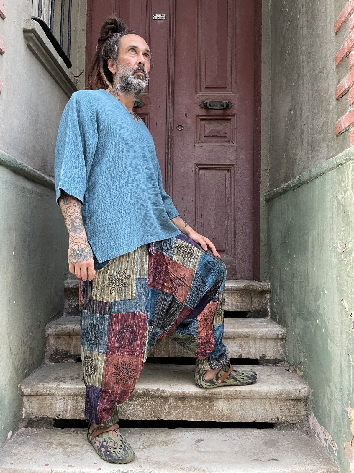 Unisex Nepal Patchwork Mavi Bordo Şalvar Pantolon