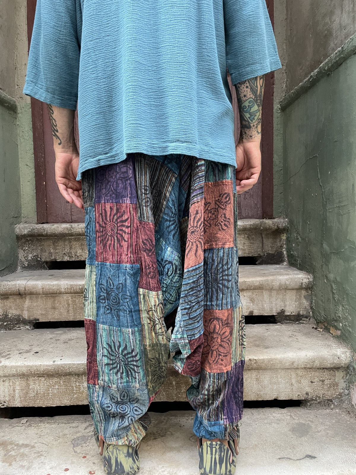 Unisex Nepal Patchwork Mavi Bordo Şalvar Pantolon