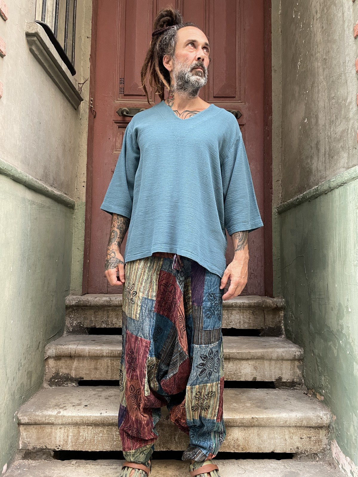 Unisex Nepal Patchwork Mavi Bordo Şalvar Pantolon