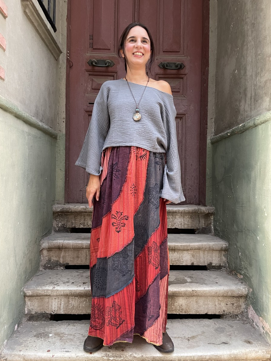 Nepal Patchwork Etek – El Yapımı, Renkli & Salaş Model