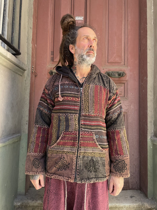 Nepal Kapüşonlu Patchwork İçi Polarlı Mont – Kahve, Unisex, Kışlık, Sıcacık