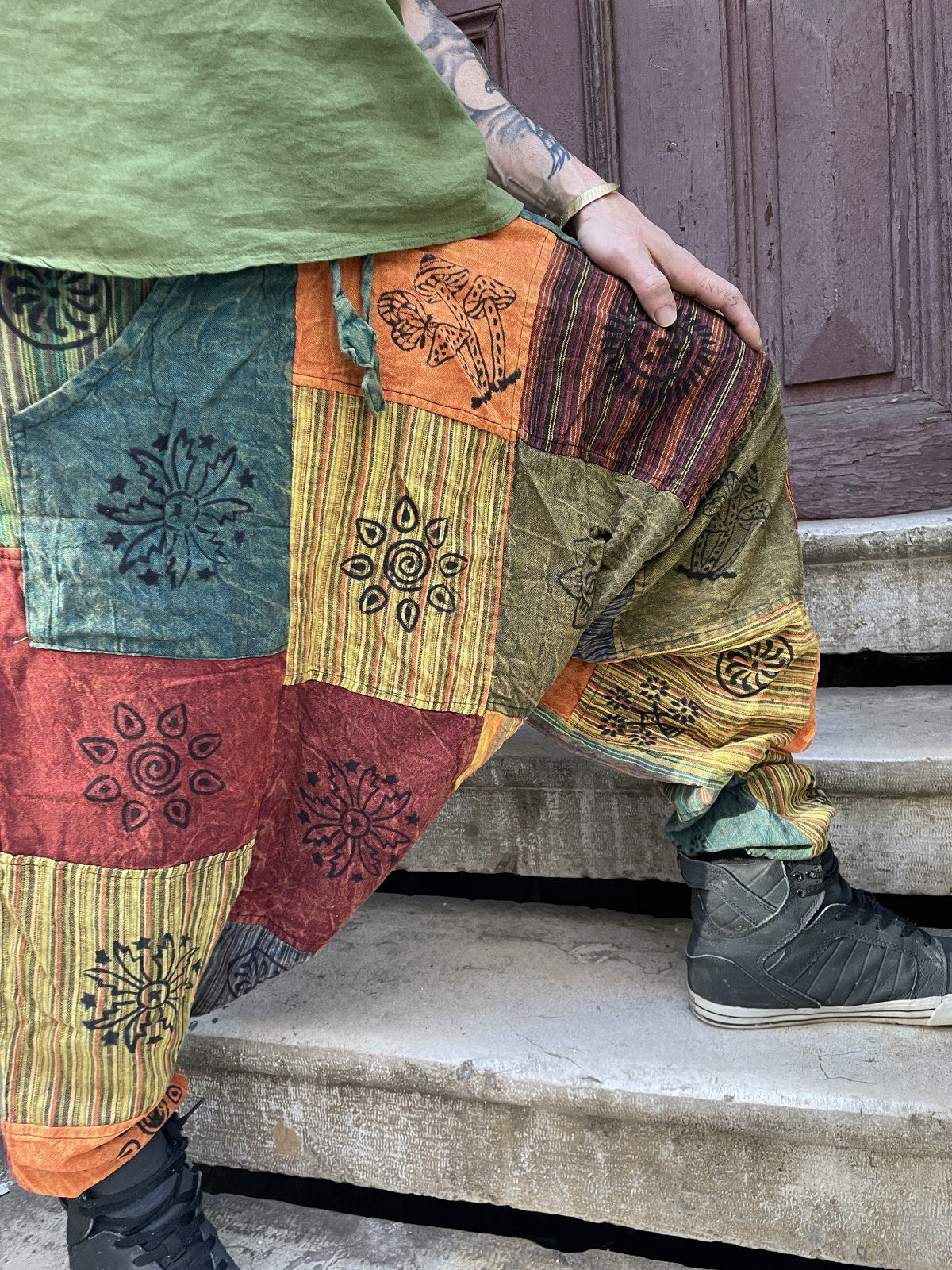 Unisex Nepal Yeşil Renkli Patchwork Festival Şalvar Pantolon