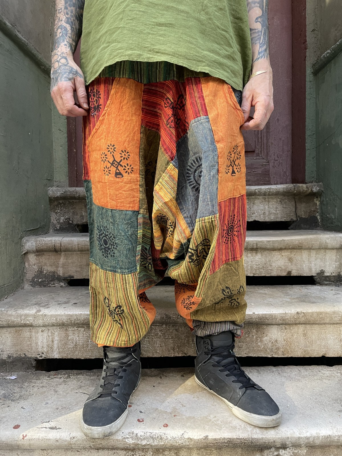 Unisex Nepal Turuncu Renkli Patchwork Festival Şalvar Pantolon